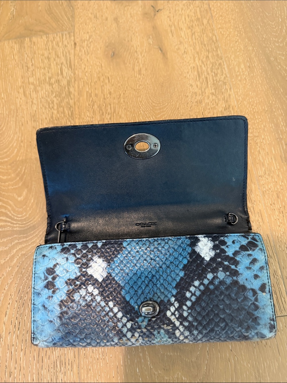 Coach Blue Snake-Print Leather Wallet Clutch